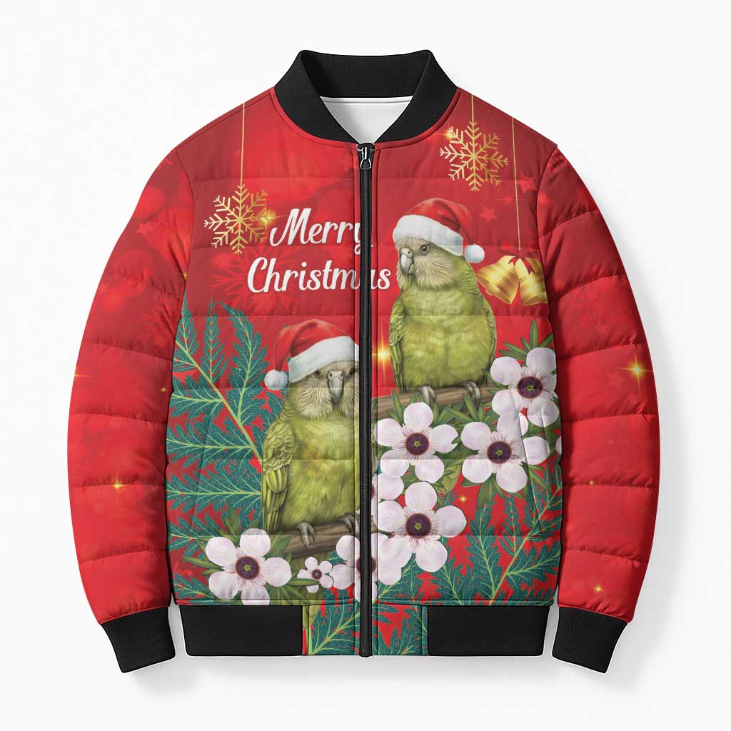 New Zealand Kakapo Christmas Bomber Puffer Jacket Owl Parrot Santa Sliver Fern Manuka - Red LT14 Unisex Red - Polynesian Pride