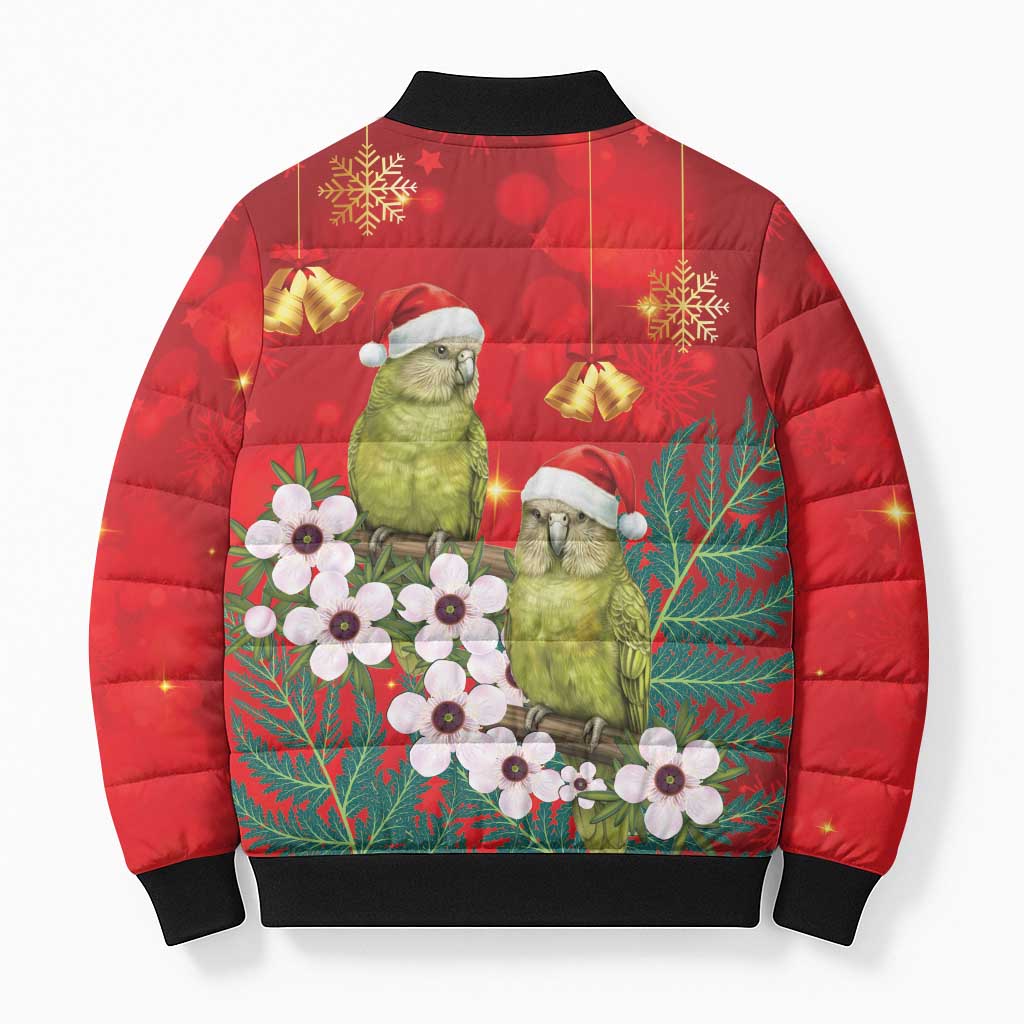New Zealand Kakapo Christmas Bomber Puffer Jacket Owl Parrot Santa Sliver Fern Manuka - Red LT14 - Polynesian Pride