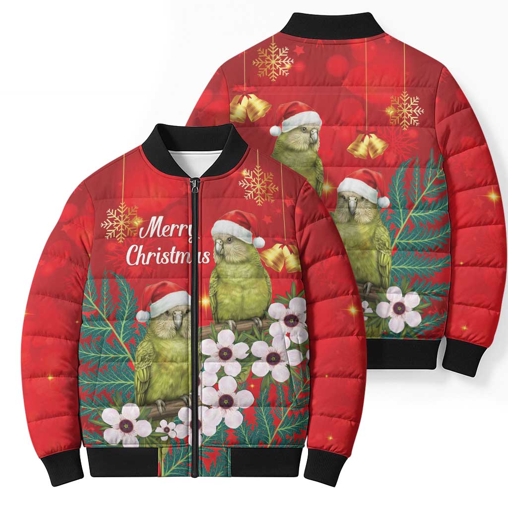 New Zealand Kakapo Christmas Bomber Puffer Jacket Owl Parrot Santa Sliver Fern Manuka - Red LT14 - Polynesian Pride