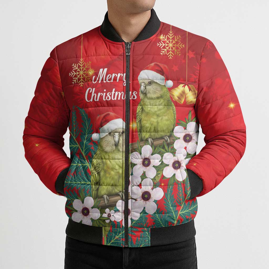 New Zealand Kakapo Christmas Bomber Puffer Jacket Owl Parrot Santa Sliver Fern Manuka - Red LT14 - Polynesian Pride
