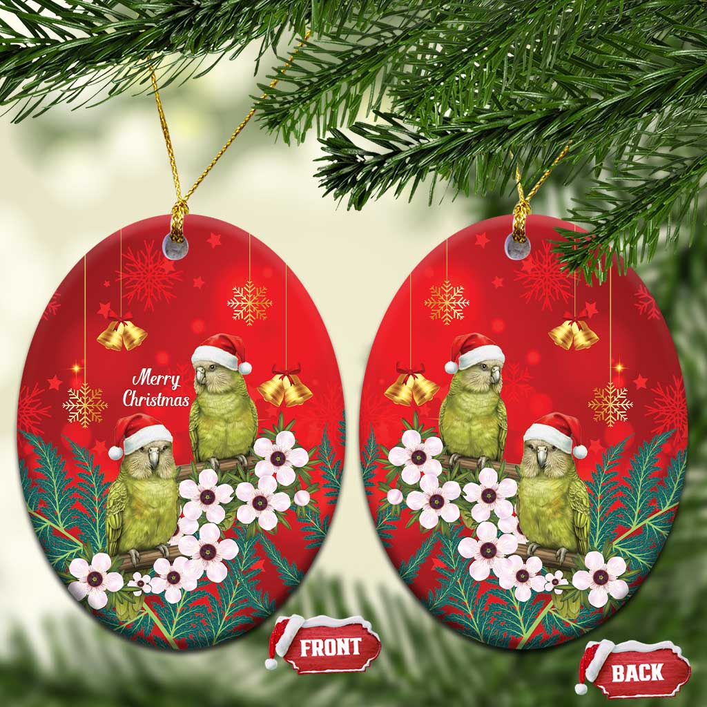 New Zealand Kakapo Christmas Ceramic Ornament Owl Parrot Santa Sliver Fern Manuka - Red LT14 Oval Red - Polynesian Pride