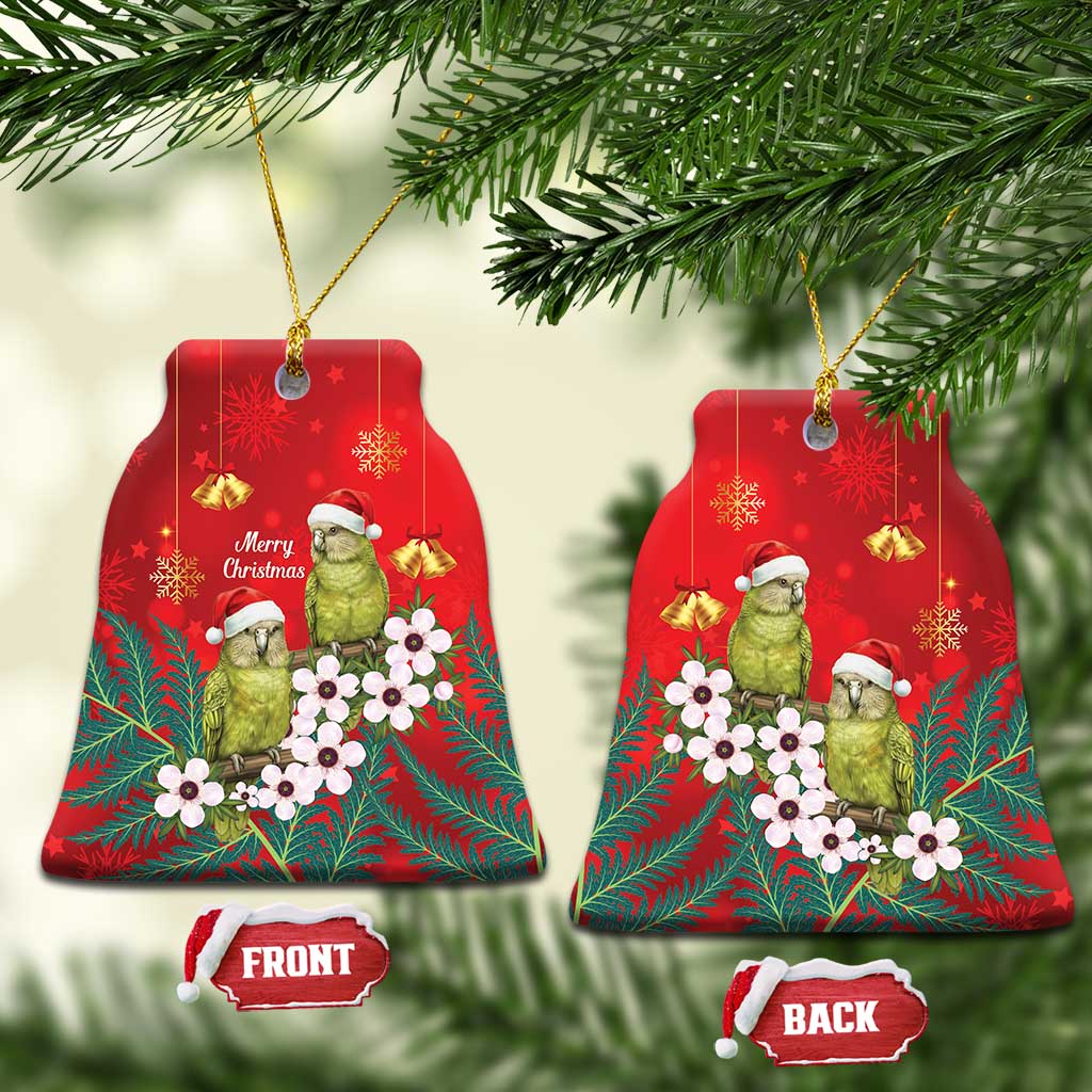 New Zealand Kakapo Christmas Ceramic Ornament Owl Parrot Santa Sliver Fern Manuka - Red LT14 Bell Flake Red - Polynesian Pride