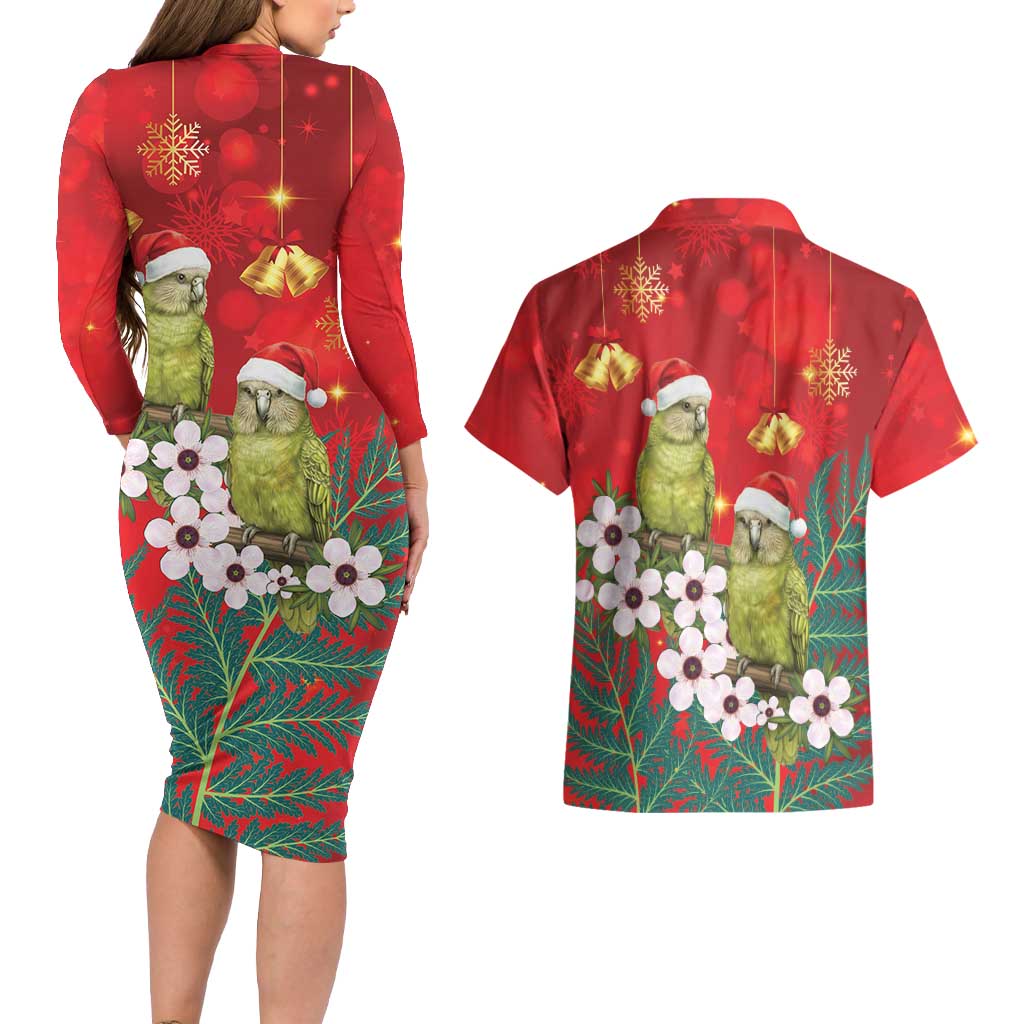 New Zealand Kakapo Christmas Couples Matching Long Sleeve Bodycon Dress and Hawaiian Shirt Owl Parrot Santa Sliver Fern Manuka - Red LT14 - Polynesian Pride