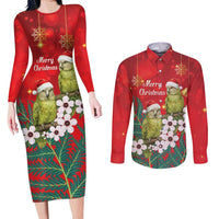 New Zealand Kakapo Christmas Couples Matching Long Sleeve Bodycon Dress and Long Sleeve Button Shirt Owl Parrot Santa Sliver Fern Manuka - Red LT14 Red - Polynesian Pride