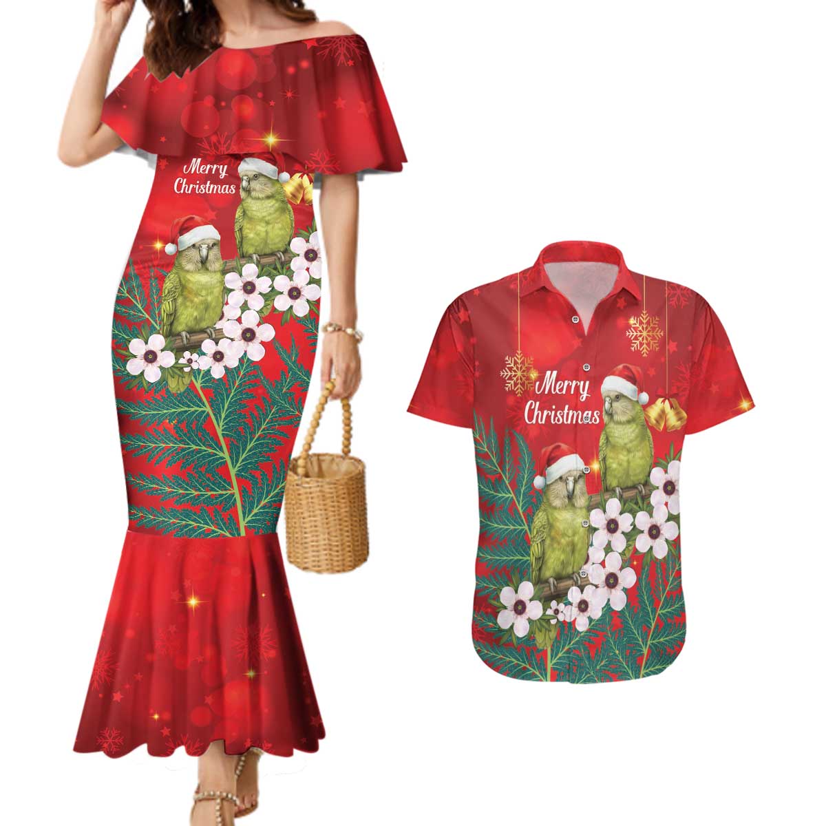 New Zealand Kakapo Christmas Couples Matching Mermaid Dress and Hawaiian Shirt Owl Parrot Santa Sliver Fern Manuka - Red LT14 Red - Polynesian Pride