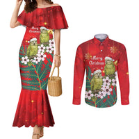 New Zealand Kakapo Christmas Couples Matching Mermaid Dress and Long Sleeve Button Shirt Owl Parrot Santa Sliver Fern Manuka - Red LT14 Red - Polynesian Pride