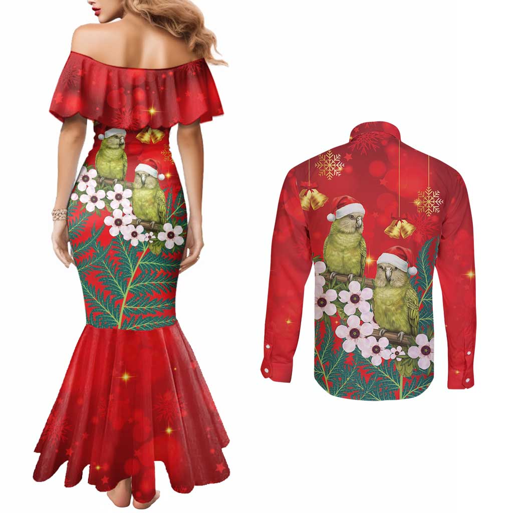 New Zealand Kakapo Christmas Couples Matching Mermaid Dress and Long Sleeve Button Shirt Owl Parrot Santa Sliver Fern Manuka - Red LT14 - Polynesian Pride