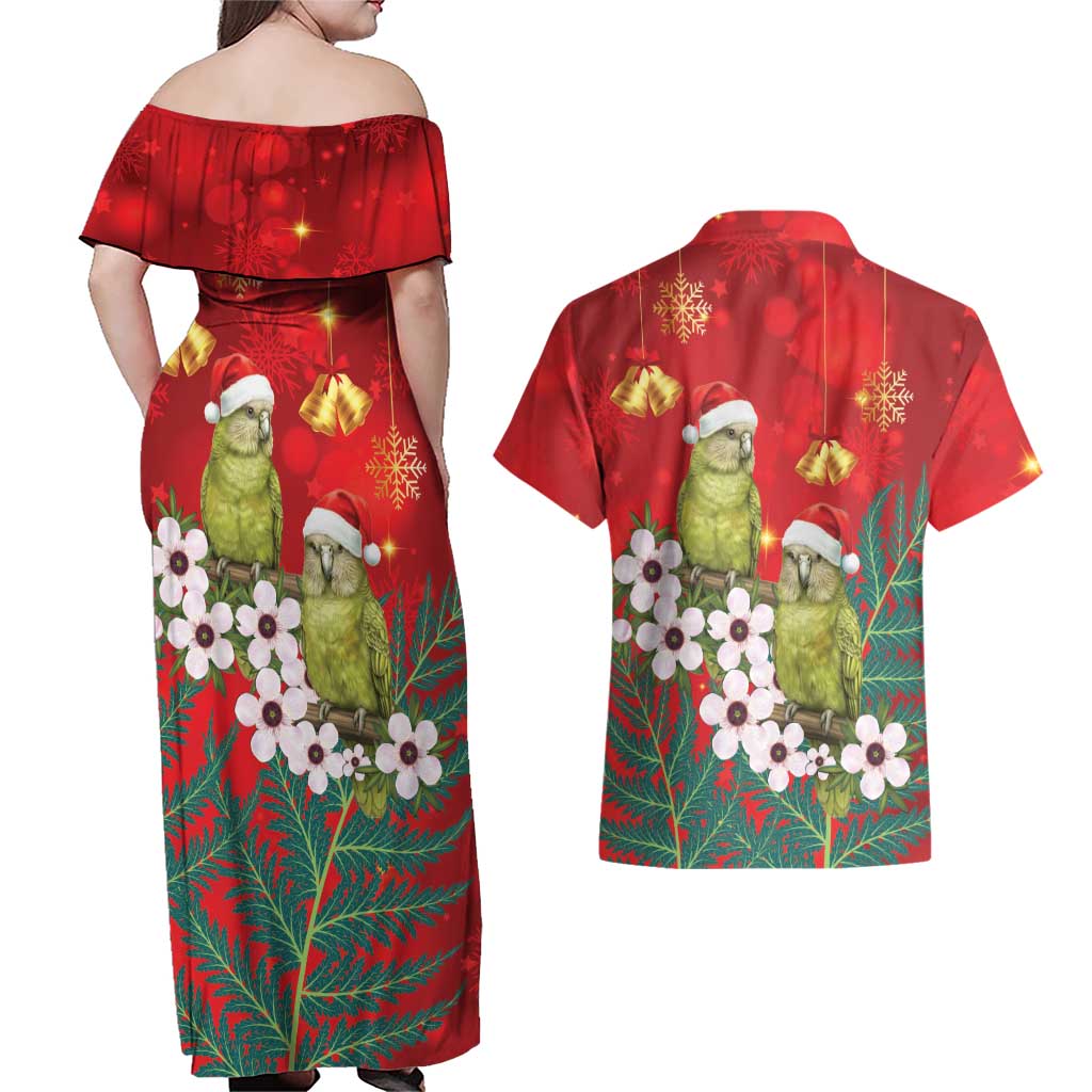 New Zealand Kakapo Christmas Couples Matching Off Shoulder Maxi Dress and Hawaiian Shirt Owl Parrot Santa Sliver Fern Manuka - Red LT14 - Polynesian Pride