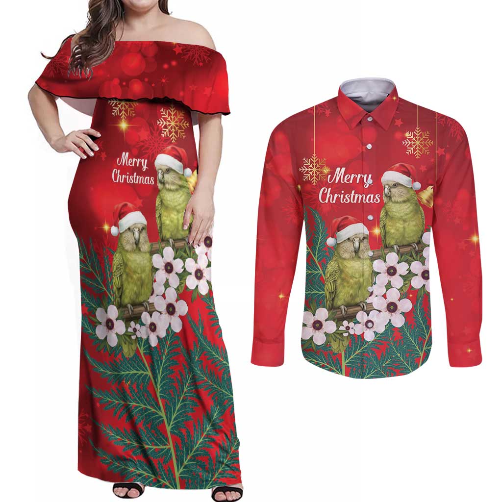 New Zealand Kakapo Christmas Couples Matching Off Shoulder Maxi Dress and Long Sleeve Button Shirt Owl Parrot Santa Sliver Fern Manuka - Red LT14 Red - Polynesian Pride