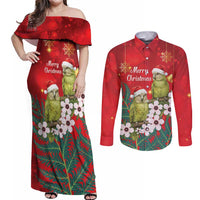 New Zealand Kakapo Christmas Couples Matching Off Shoulder Maxi Dress and Long Sleeve Button Shirt Owl Parrot Santa Sliver Fern Manuka - Red LT14 Red - Polynesian Pride
