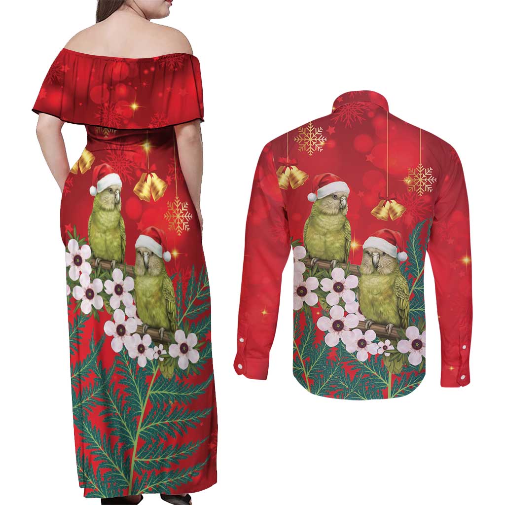 New Zealand Kakapo Christmas Couples Matching Off Shoulder Maxi Dress and Long Sleeve Button Shirt Owl Parrot Santa Sliver Fern Manuka - Red LT14 - Polynesian Pride