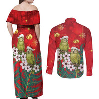 New Zealand Kakapo Christmas Couples Matching Off Shoulder Maxi Dress and Long Sleeve Button Shirt Owl Parrot Santa Sliver Fern Manuka - Red LT14 - Polynesian Pride