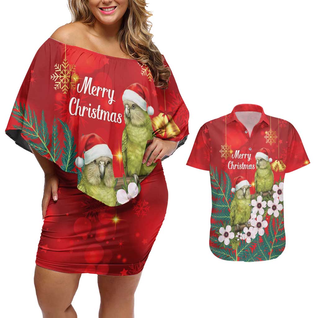 New Zealand Kakapo Christmas Couples Matching Off Shoulder Short Dress and Hawaiian Shirt Owl Parrot Santa Sliver Fern Manuka - Red LT14 Red - Polynesian Pride