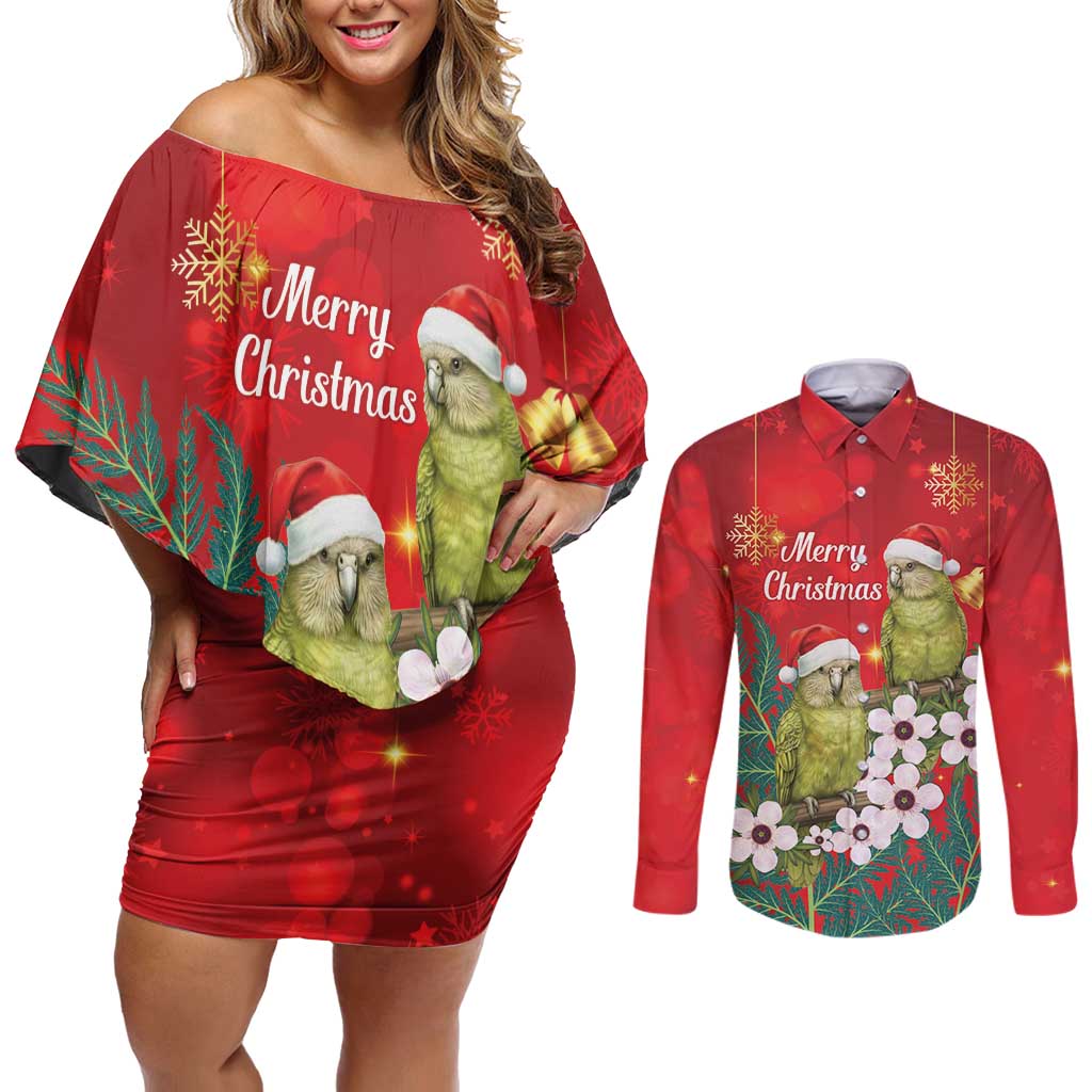 New Zealand Kakapo Christmas Couples Matching Off Shoulder Short Dress and Long Sleeve Button Shirt Owl Parrot Santa Sliver Fern Manuka - Red LT14 Red - Polynesian Pride