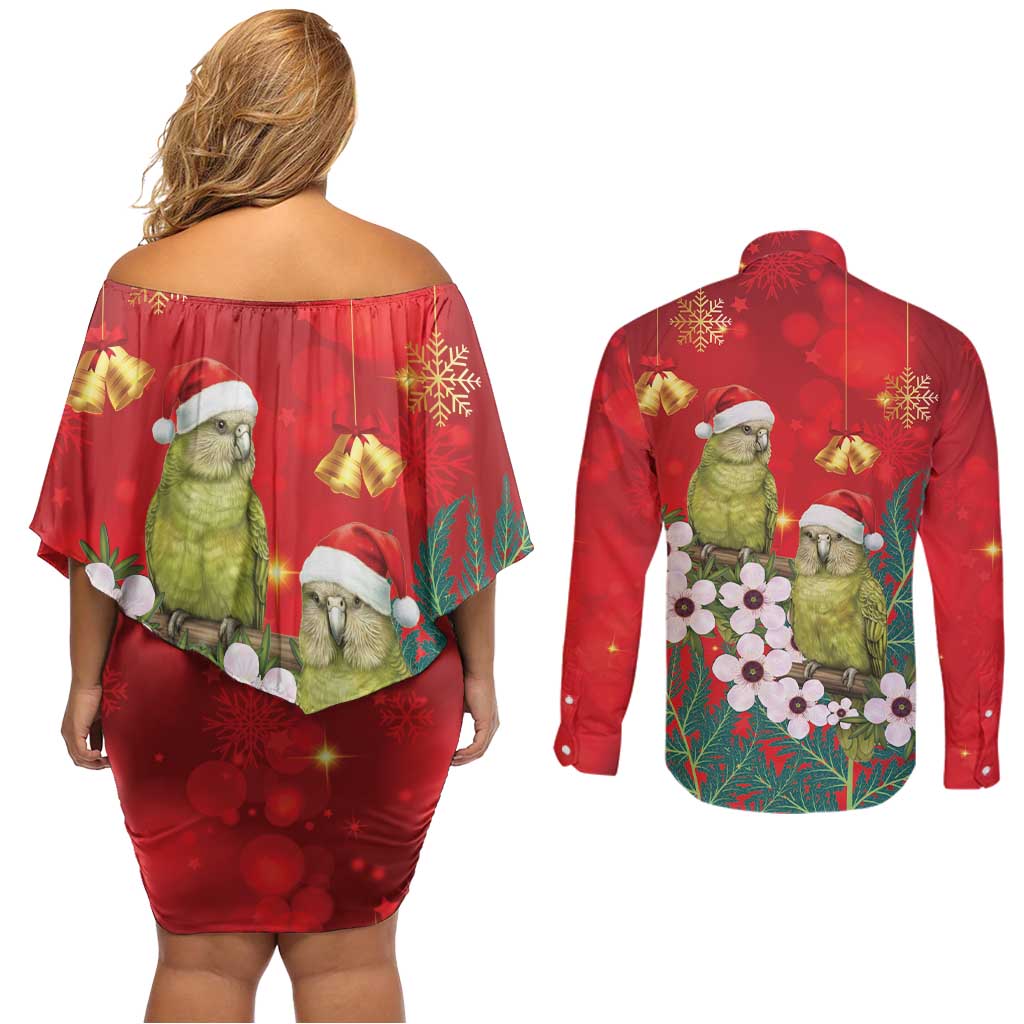 New Zealand Kakapo Christmas Couples Matching Off Shoulder Short Dress and Long Sleeve Button Shirt Owl Parrot Santa Sliver Fern Manuka - Red LT14 - Polynesian Pride
