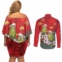 New Zealand Kakapo Christmas Couples Matching Off Shoulder Short Dress and Long Sleeve Button Shirt Owl Parrot Santa Sliver Fern Manuka - Red LT14 - Polynesian Pride