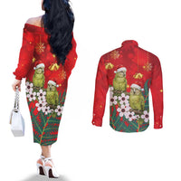 New Zealand Kakapo Christmas Couples Matching Off The Shoulder Long Sleeve Dress and Long Sleeve Button Shirt Owl Parrot Santa Sliver Fern Manuka - Red LT14 - Polynesian Pride