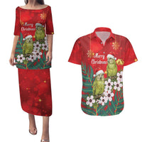 New Zealand Kakapo Christmas Couples Matching Puletasi and Hawaiian Shirt Owl Parrot Santa Sliver Fern Manuka - Red LT14 Red - Polynesian Pride