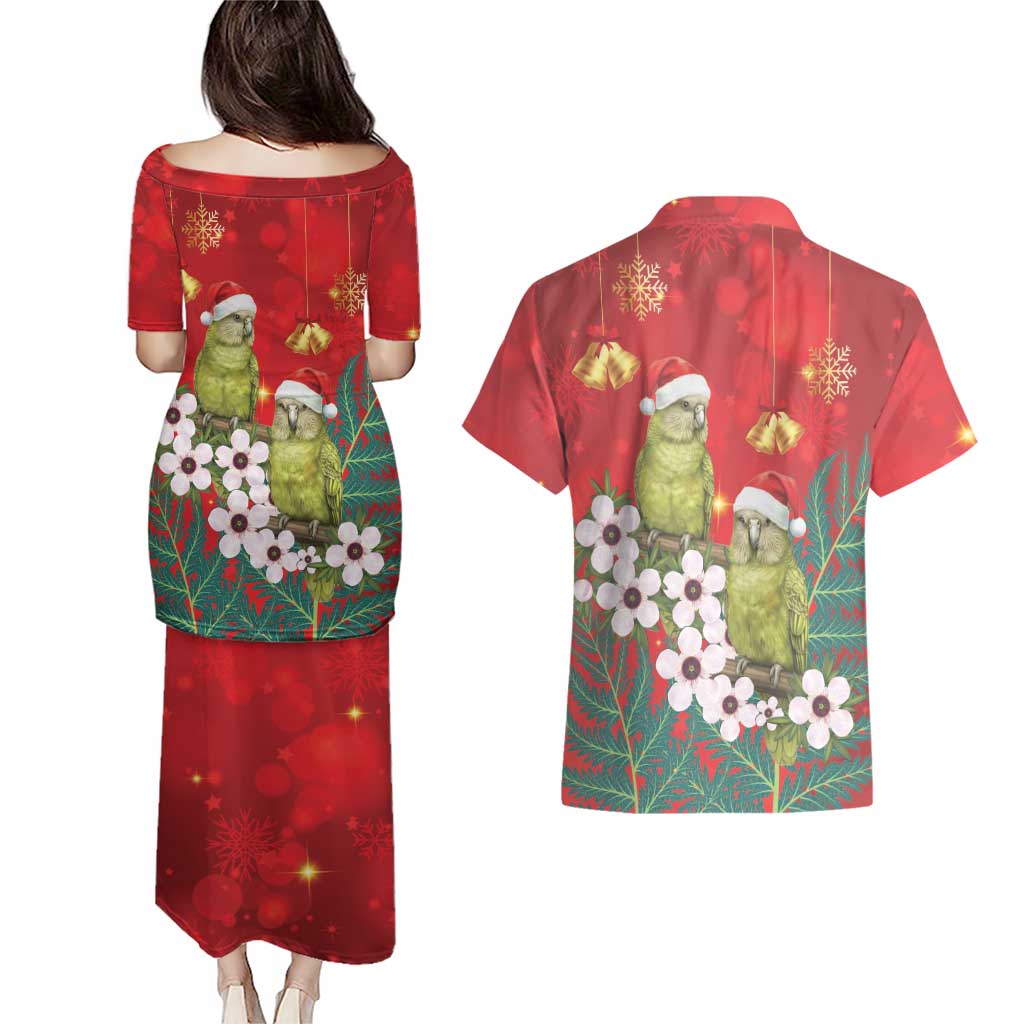 New Zealand Kakapo Christmas Couples Matching Puletasi and Hawaiian Shirt Owl Parrot Santa Sliver Fern Manuka - Red LT14 - Polynesian Pride