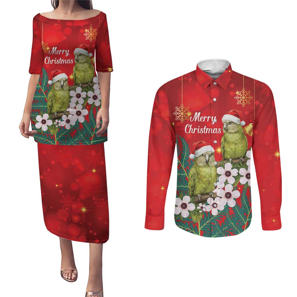 New Zealand Kakapo Christmas Couples Matching Puletasi and Long Sleeve Button Shirt Owl Parrot Santa Sliver Fern Manuka - Red - Polynesian Pride