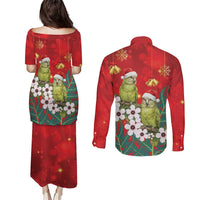 New Zealand Kakapo Christmas Couples Matching Puletasi and Long Sleeve Button Shirt Owl Parrot Santa Sliver Fern Manuka - Red LT14 - Polynesian Pride