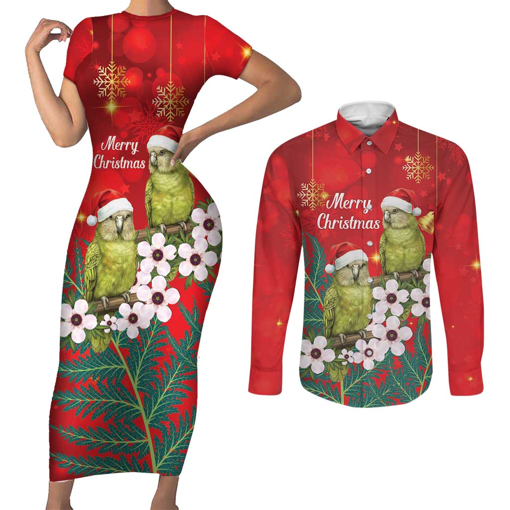 New Zealand Kakapo Christmas Couples Matching Short Sleeve Bodycon Dress and Long Sleeve Button Shirt Owl Parrot Santa Sliver Fern Manuka - Red - Polynesian Pride