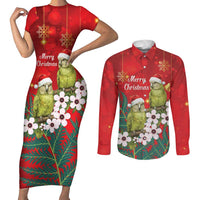 New Zealand Kakapo Christmas Couples Matching Short Sleeve Bodycon Dress and Long Sleeve Button Shirt Owl Parrot Santa Sliver Fern Manuka - Red LT14 Red - Polynesian Pride