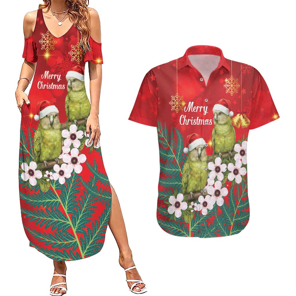 New Zealand Kakapo Christmas Couples Matching Summer Maxi Dress and Hawaiian Shirt Owl Parrot Santa Sliver Fern Manuka - Red LT14 Red - Polynesian Pride