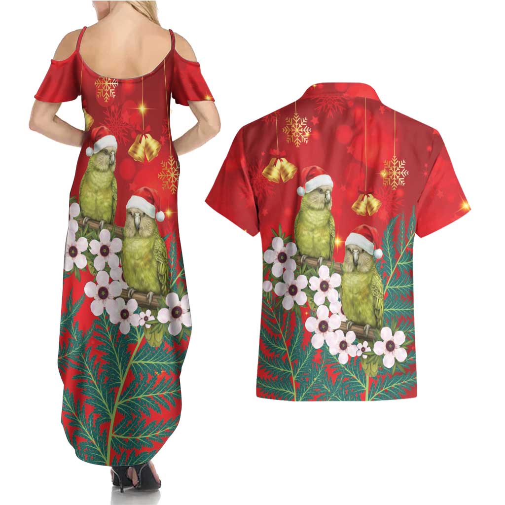 New Zealand Kakapo Christmas Couples Matching Summer Maxi Dress and Hawaiian Shirt Owl Parrot Santa Sliver Fern Manuka - Red LT14 - Polynesian Pride