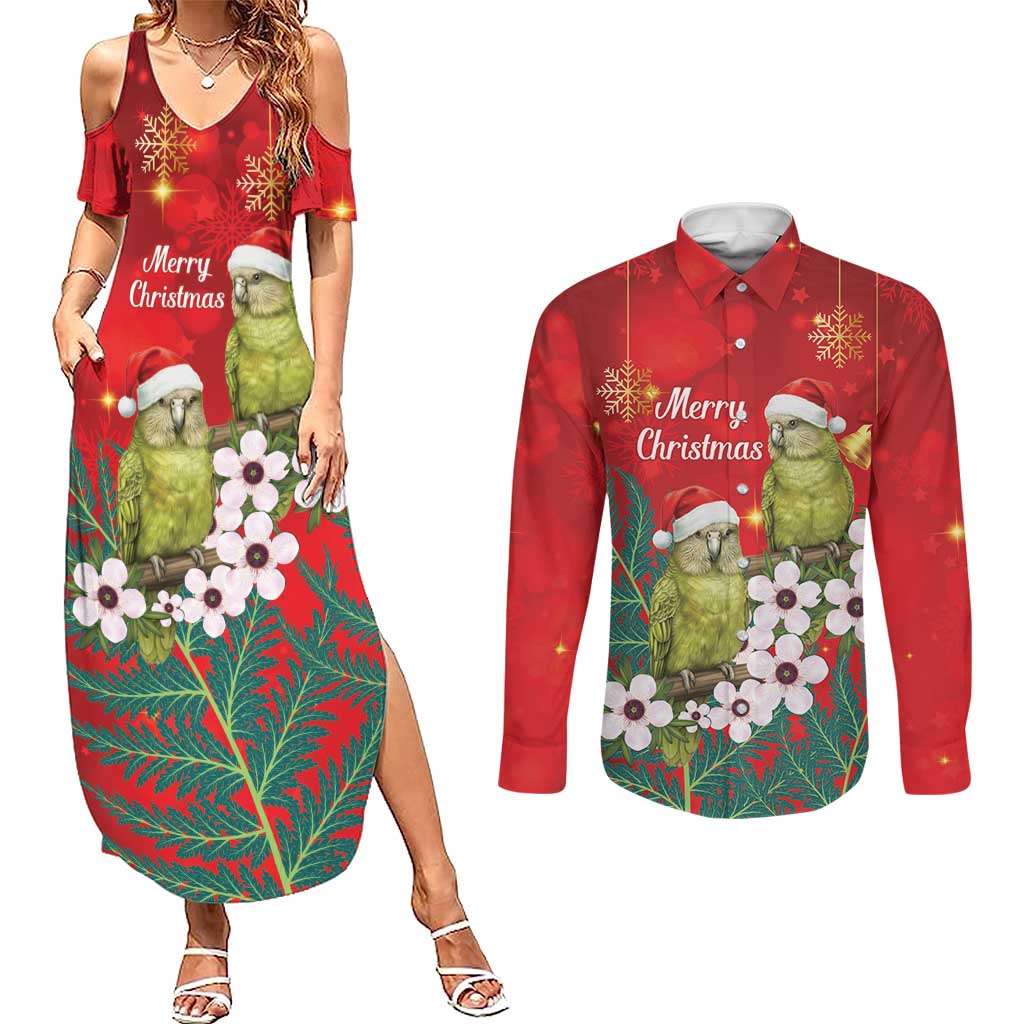 New Zealand Kakapo Christmas Couples Matching Summer Maxi Dress and Long Sleeve Button Shirt Owl Parrot Santa Sliver Fern Manuka - Red LT14 Red - Polynesian Pride