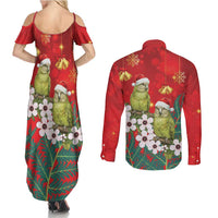 New Zealand Kakapo Christmas Couples Matching Summer Maxi Dress and Long Sleeve Button Shirt Owl Parrot Santa Sliver Fern Manuka - Red LT14 - Polynesian Pride