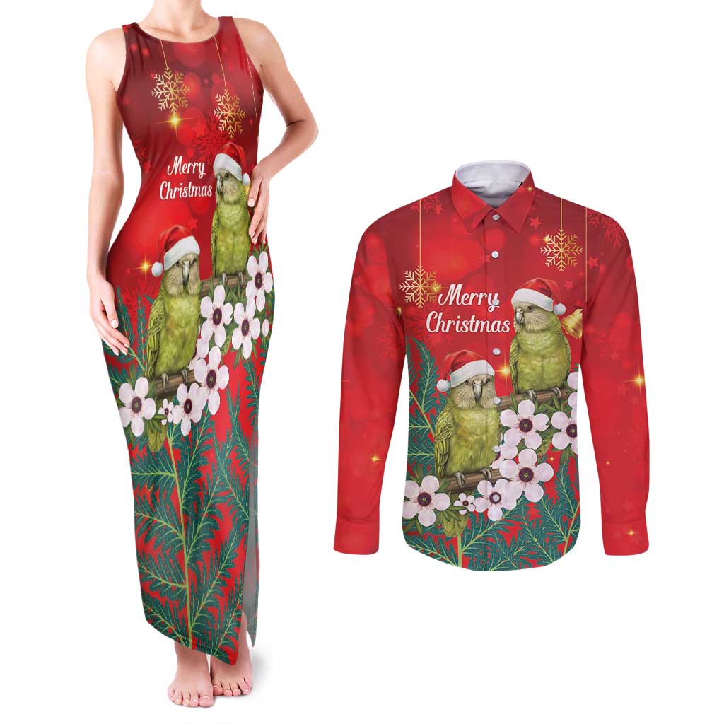 New Zealand Kakapo Christmas Couples Matching Tank Maxi Dress and Long Sleeve Button Shirt Owl Parrot Santa Sliver Fern Manuka - Red LT14 Red - Polynesian Pride