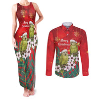 New Zealand Kakapo Christmas Couples Matching Tank Maxi Dress and Long Sleeve Button Shirt Owl Parrot Santa Sliver Fern Manuka - Red LT14 Red - Polynesian Pride