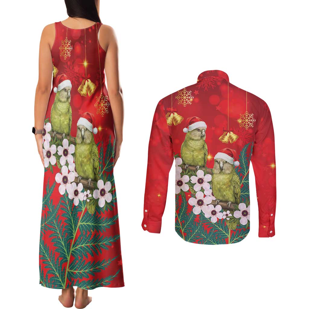 New Zealand Kakapo Christmas Couples Matching Tank Maxi Dress and Long Sleeve Button Shirt Owl Parrot Santa Sliver Fern Manuka - Red LT14 - Polynesian Pride