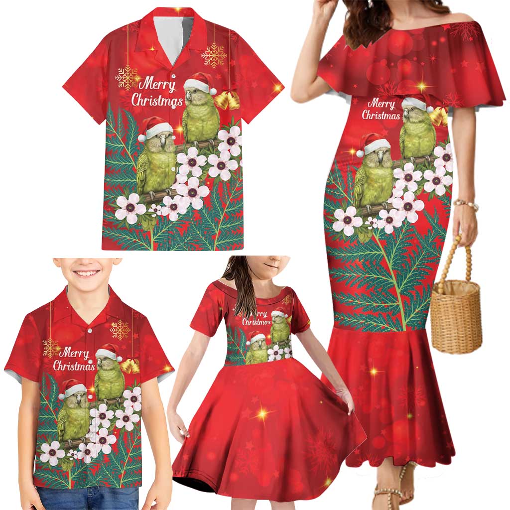 New Zealand Kakapo Christmas Family Matching Mermaid Dress and Hawaiian Shirt Owl Parrot Santa Sliver Fern Manuka - Red - Polynesian Pride
