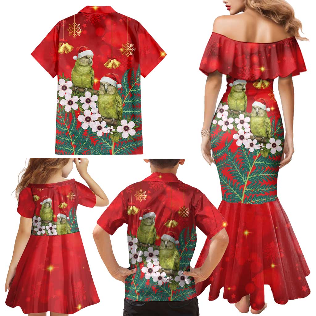 New Zealand Kakapo Christmas Family Matching Mermaid Dress and Hawaiian Shirt Owl Parrot Santa Sliver Fern Manuka - Red LT14 - Polynesian Pride