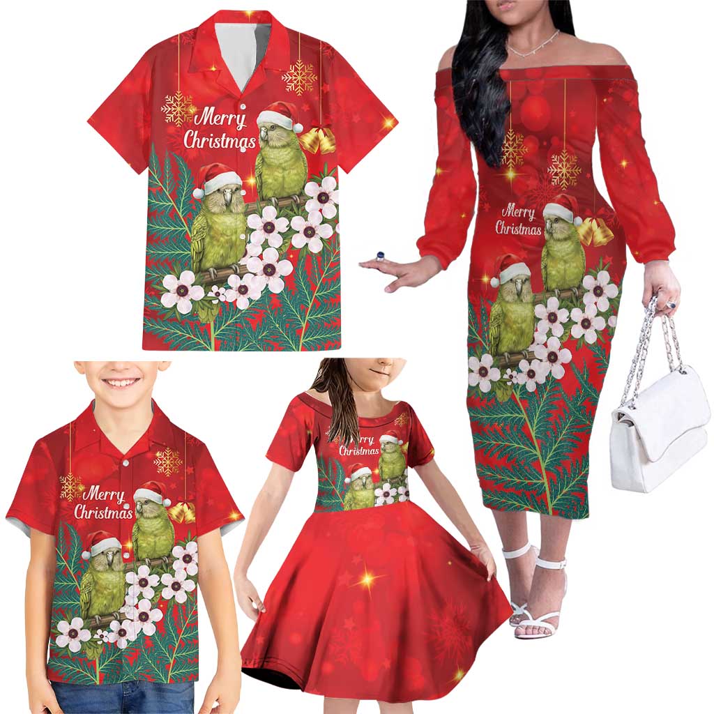 New Zealand Kakapo Christmas Family Matching Off The Shoulder Long Sleeve Dress and Hawaiian Shirt Owl Parrot Santa Sliver Fern Manuka - Red LT14 - Polynesian Pride