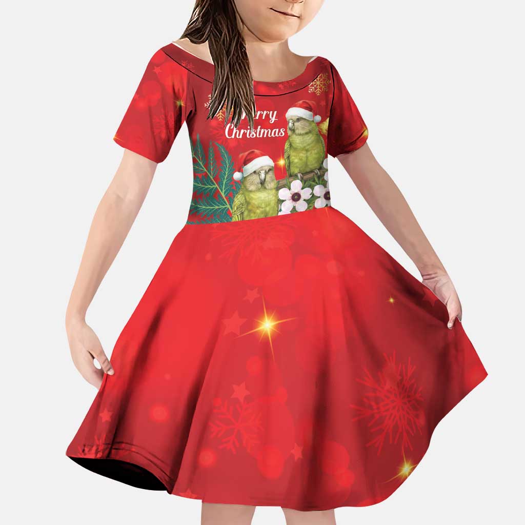 New Zealand Kakapo Christmas Family Matching Off Shoulder Maxi Dress and Hawaiian Shirt Owl Parrot Santa Sliver Fern Manuka - Red LT14 Daughter's Dress Red - Polynesian Pride
