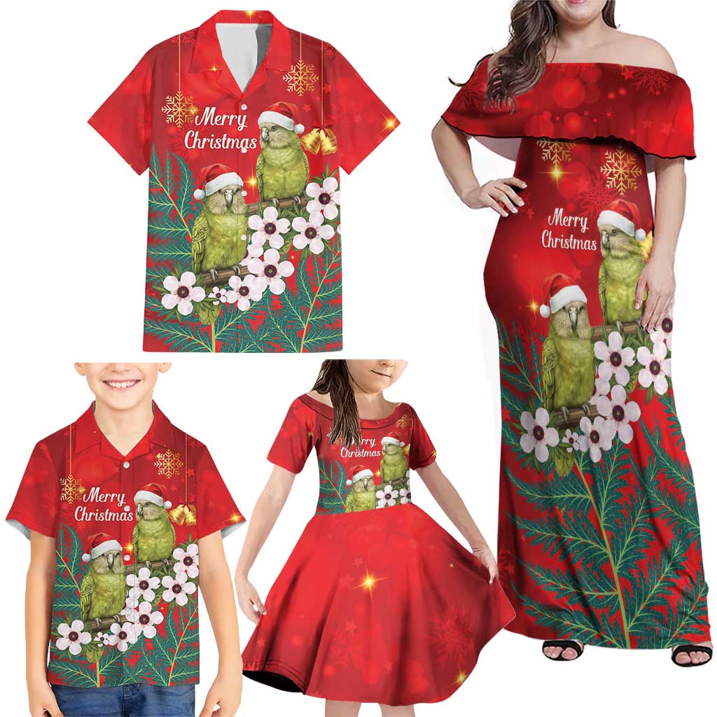 New Zealand Kakapo Christmas Family Matching Off Shoulder Maxi Dress and Hawaiian Shirt Owl Parrot Santa Sliver Fern Manuka - Red - Polynesian Pride