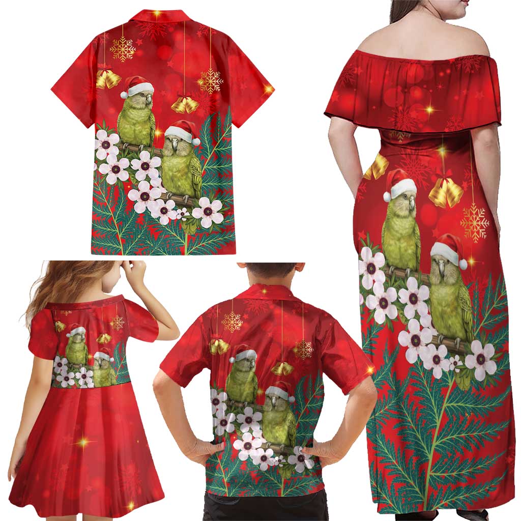 New Zealand Kakapo Christmas Family Matching Off Shoulder Maxi Dress and Hawaiian Shirt Owl Parrot Santa Sliver Fern Manuka - Red LT14 - Polynesian Pride
