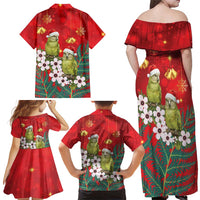 New Zealand Kakapo Christmas Family Matching Off Shoulder Maxi Dress and Hawaiian Shirt Owl Parrot Santa Sliver Fern Manuka - Red LT14 - Polynesian Pride