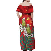 New Zealand Kakapo Christmas Family Matching Off Shoulder Maxi Dress and Hawaiian Shirt Owl Parrot Santa Sliver Fern Manuka - Red LT14 - Polynesian Pride
