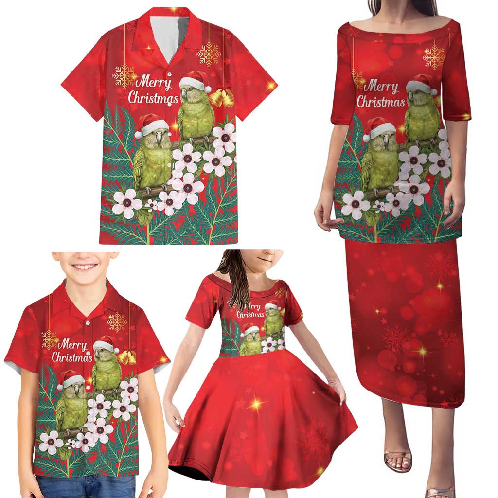 New Zealand Kakapo Christmas Family Matching Puletasi and Hawaiian Shirt Owl Parrot Santa Sliver Fern Manuka - Red LT14 - Polynesian Pride