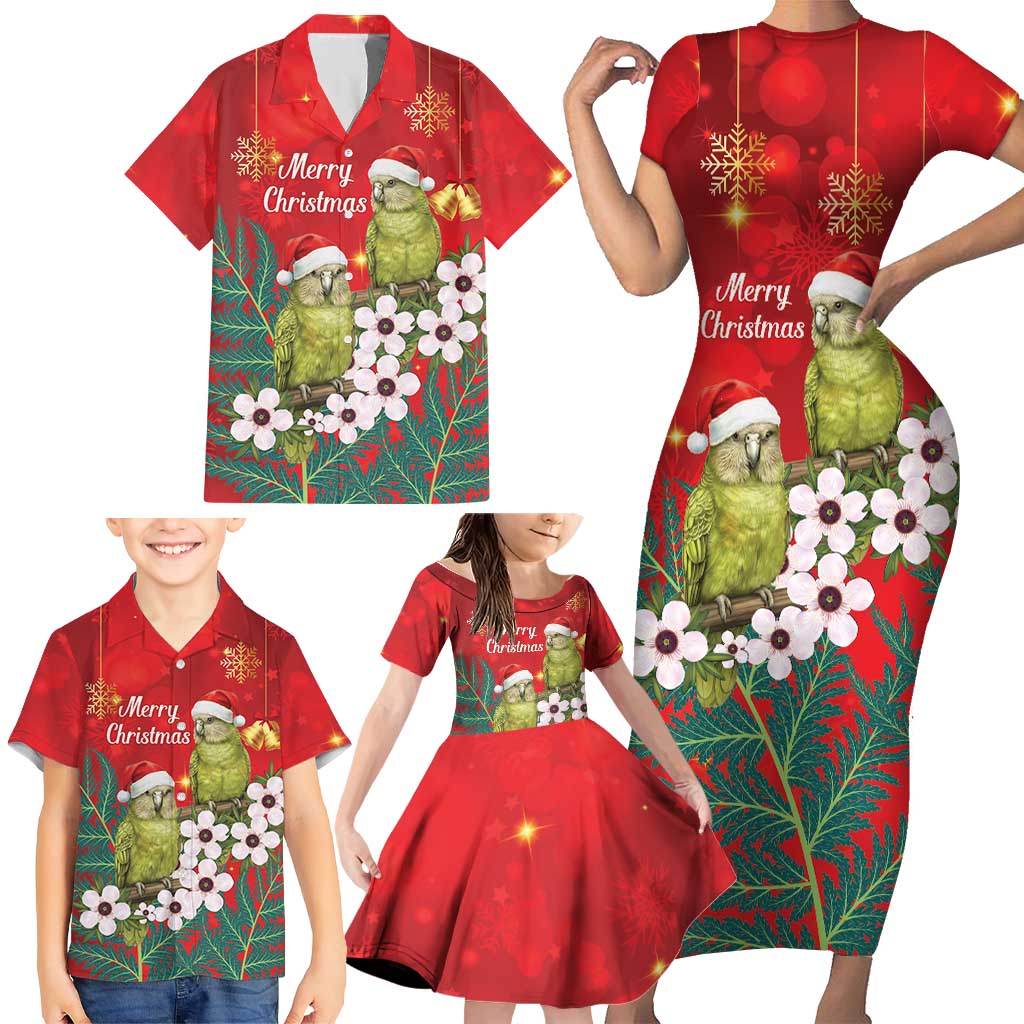 New Zealand Kakapo Christmas Family Matching Short Sleeve Bodycon Dress and Hawaiian Shirt Owl Parrot Santa Sliver Fern Manuka - Red - Polynesian Pride