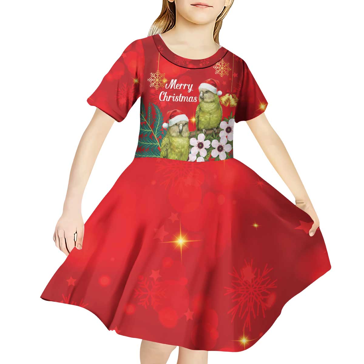 New Zealand Kakapo Christmas Kid Short Sleeve Dress Owl Parrot Santa Sliver Fern Manuka - Red LT14 - Polynesian Pride