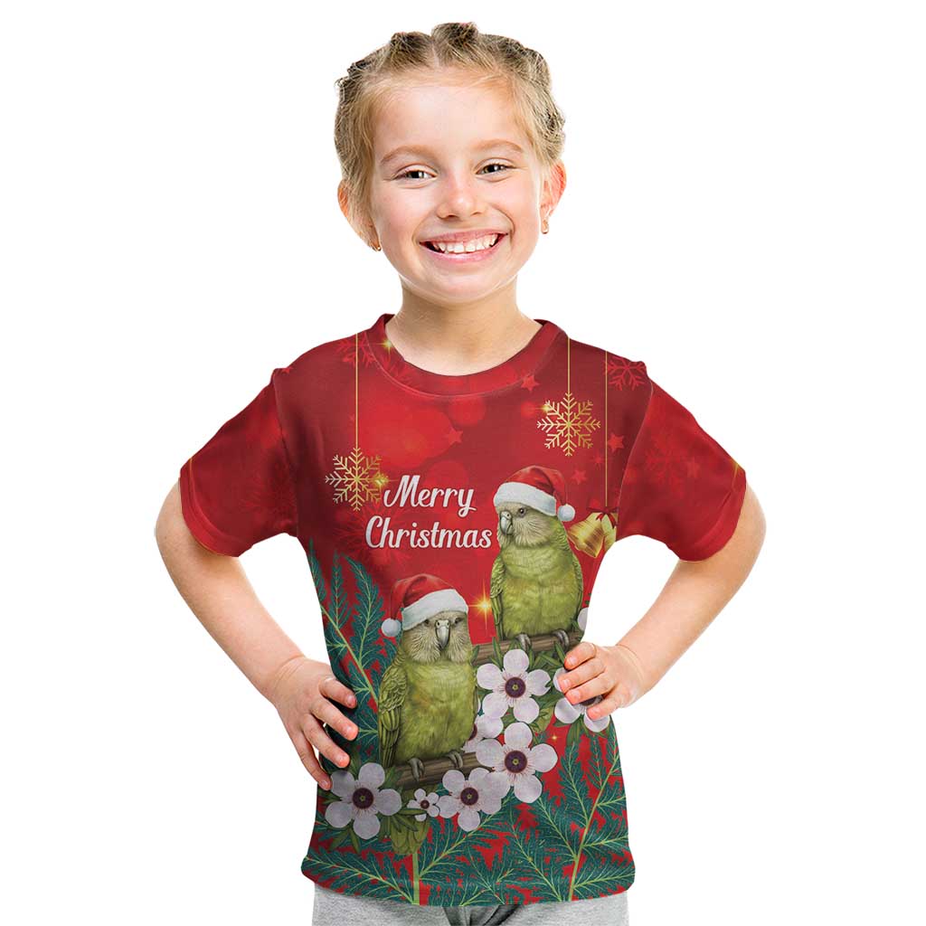 New Zealand Kakapo Christmas Kid T Shirt Owl Parrot Santa Sliver Fern Manuka - Red LT14 Red - Polynesian Pride