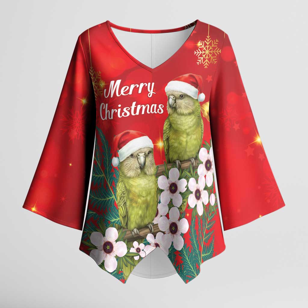 New Zealand Kakapo Christmas Kimono Sleeve Blouse Owl Parrot Santa Sliver Fern Manuka - Red LT14 Female Red - Polynesian Pride