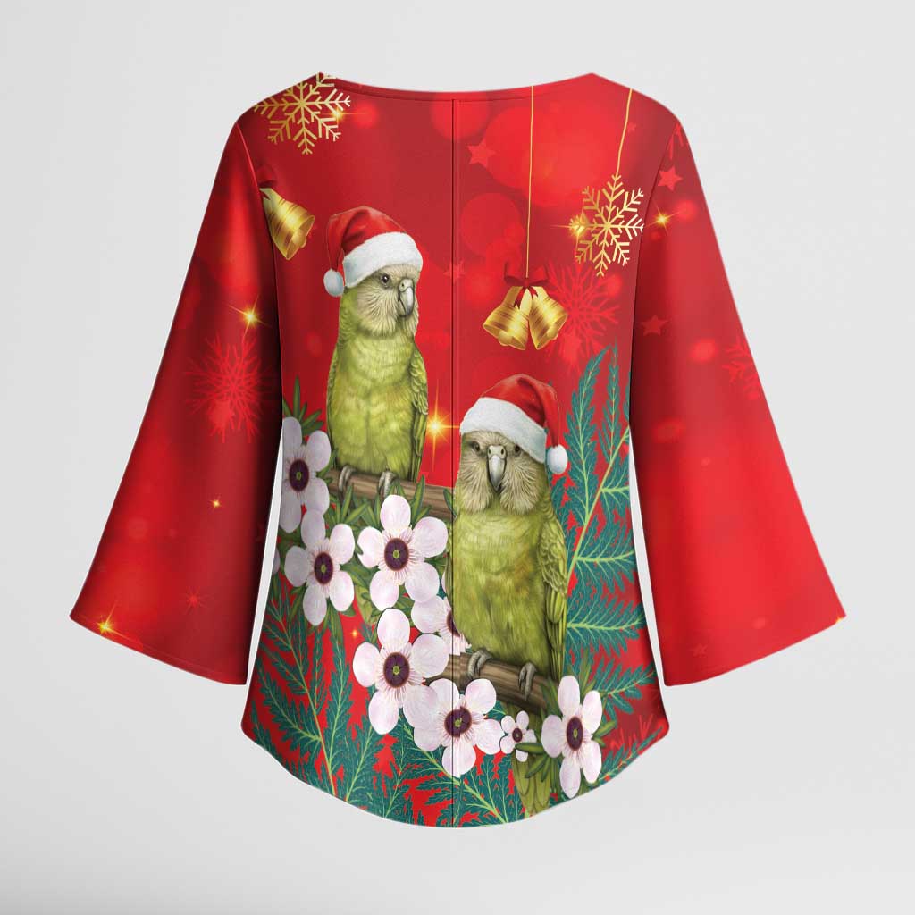 New Zealand Kakapo Christmas Kimono Sleeve Blouse Owl Parrot Santa Sliver Fern Manuka - Red LT14 - Polynesian Pride
