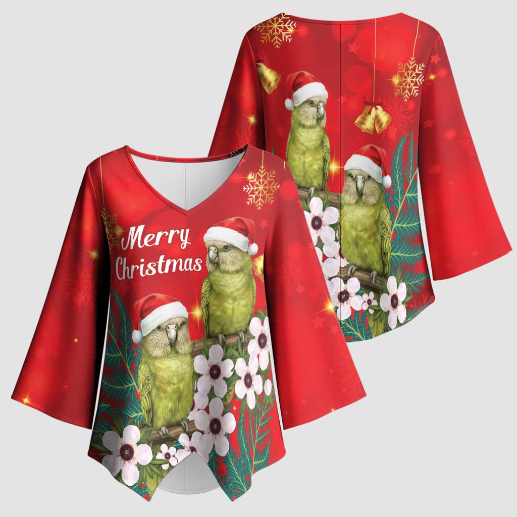 New Zealand Kakapo Christmas Kimono Sleeve Blouse Owl Parrot Santa Sliver Fern Manuka - Red LT14 - Polynesian Pride
