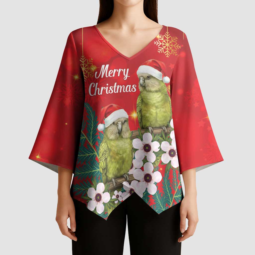 New Zealand Kakapo Christmas Kimono Sleeve Blouse Owl Parrot Santa Sliver Fern Manuka - Red LT14 - Polynesian Pride